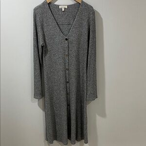 Monteau Women’s Sweater Dress Large Grey Long Sleeve Buttons Vneck Textured Knit